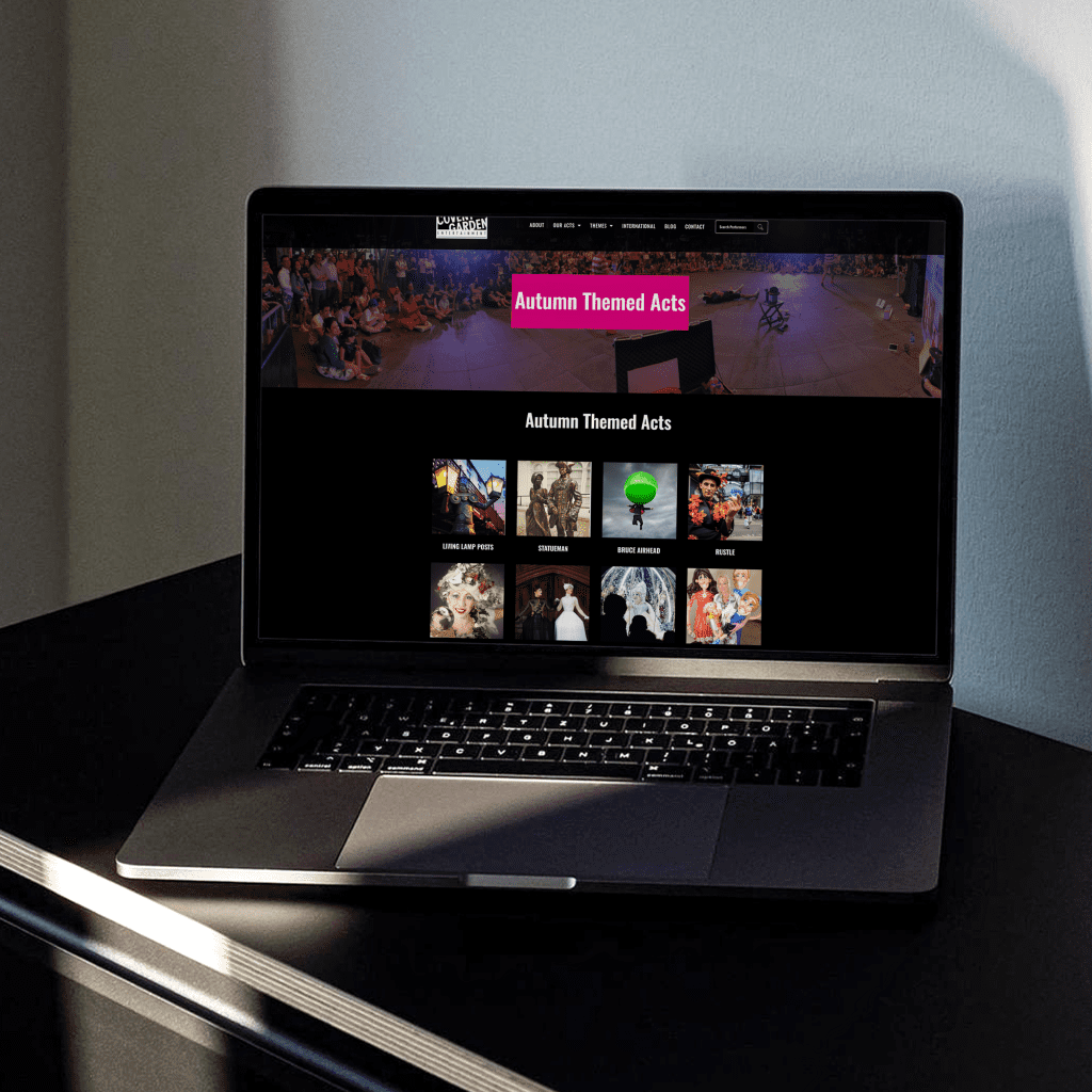 Laptop computer with website displaying a York based entertainment company that hires out acts for Covent Garden Entertainment show