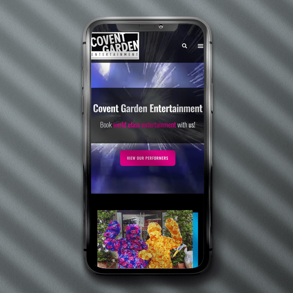 Mobile phone showing website where acts can be booked for various shows