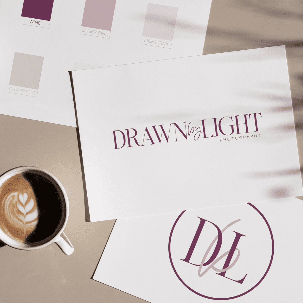 Primary logo, submark and colour palette for a wedding photographer displayed on table top