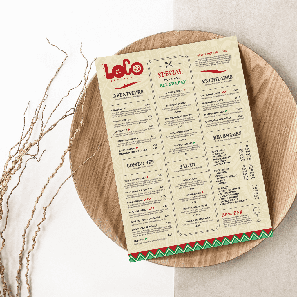 Menu design for Mexican restaurant featuring brand pattern, brand logo design laid on a wooden plate