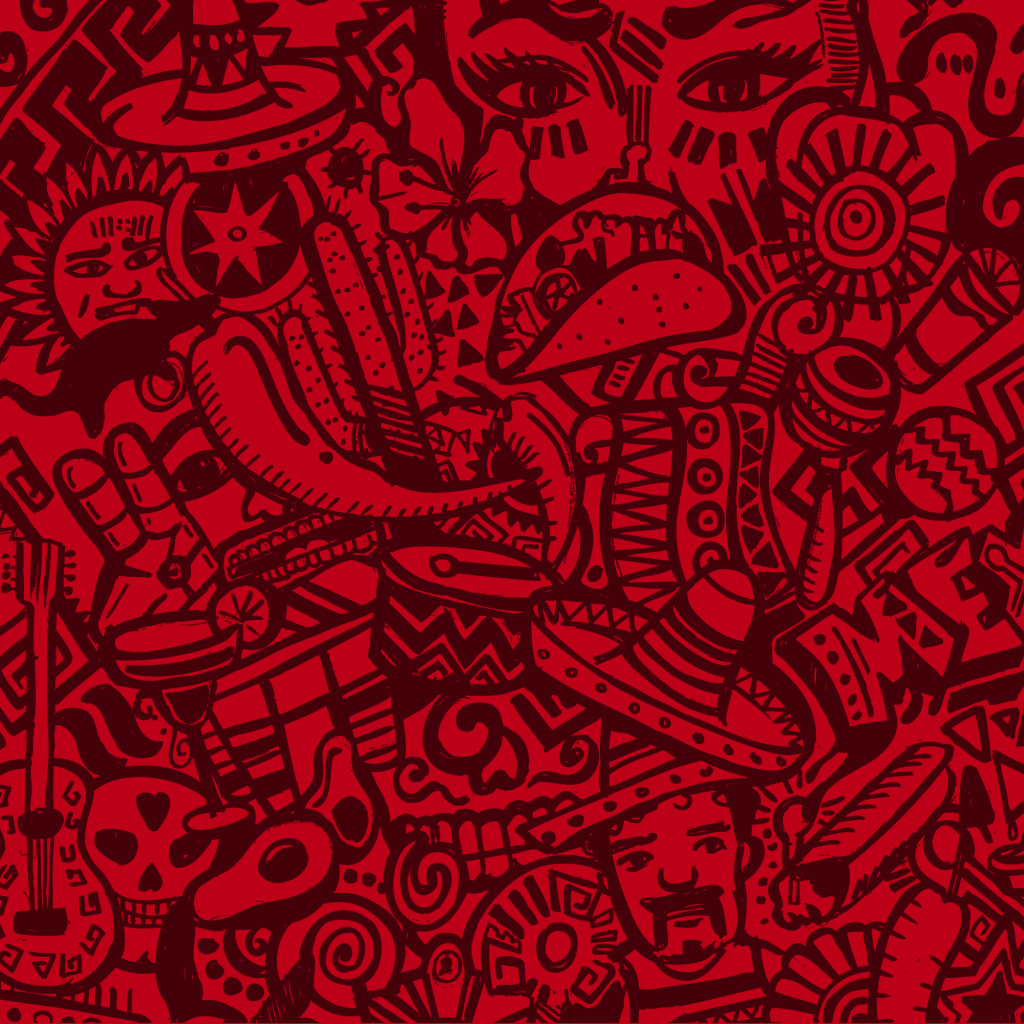 Brand pattern for a mexican restaurant using hand drawn urban illustration in black on red
