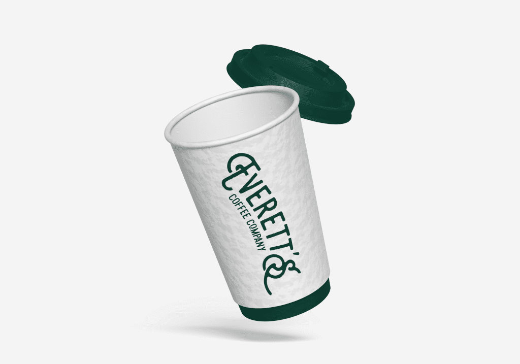 Branding for a coffee company in green on a white disposable coffee cup. Showing a large log on the side and a green lid that matches the colour palette.