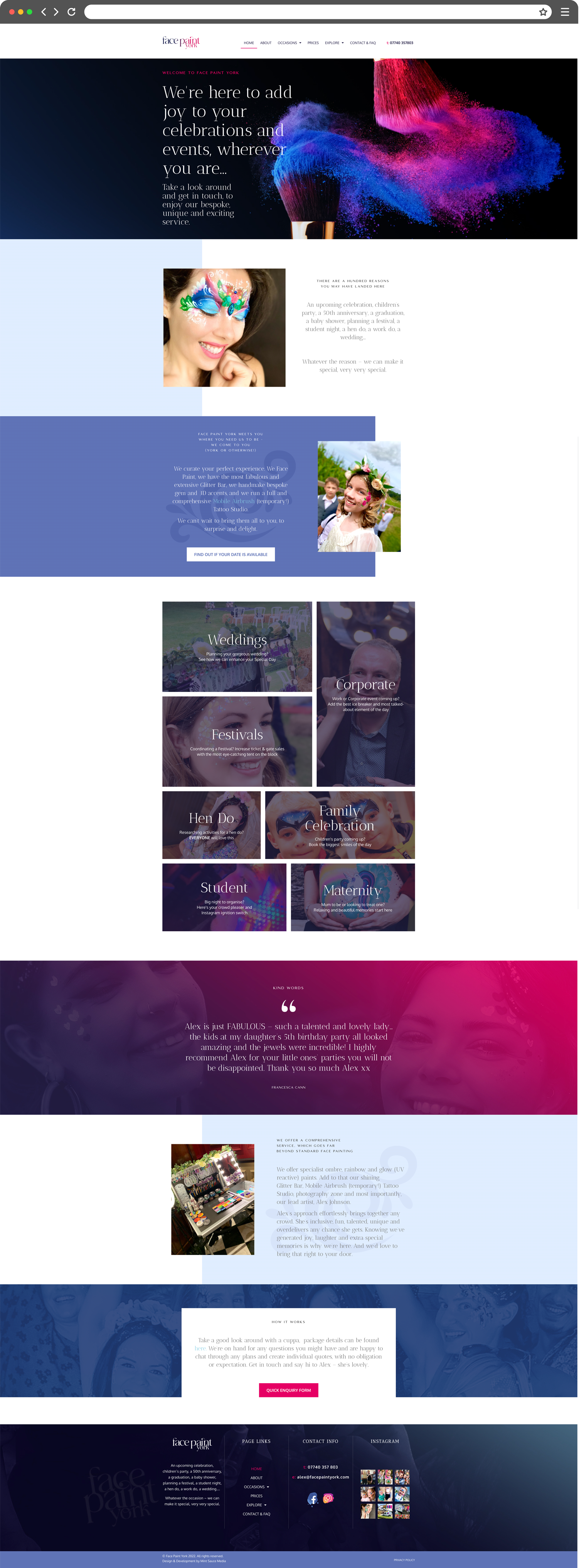 Full length mockup of website designed and developed by Mint Sauce Media for Face Paint York, a creative company offering face painting for events.