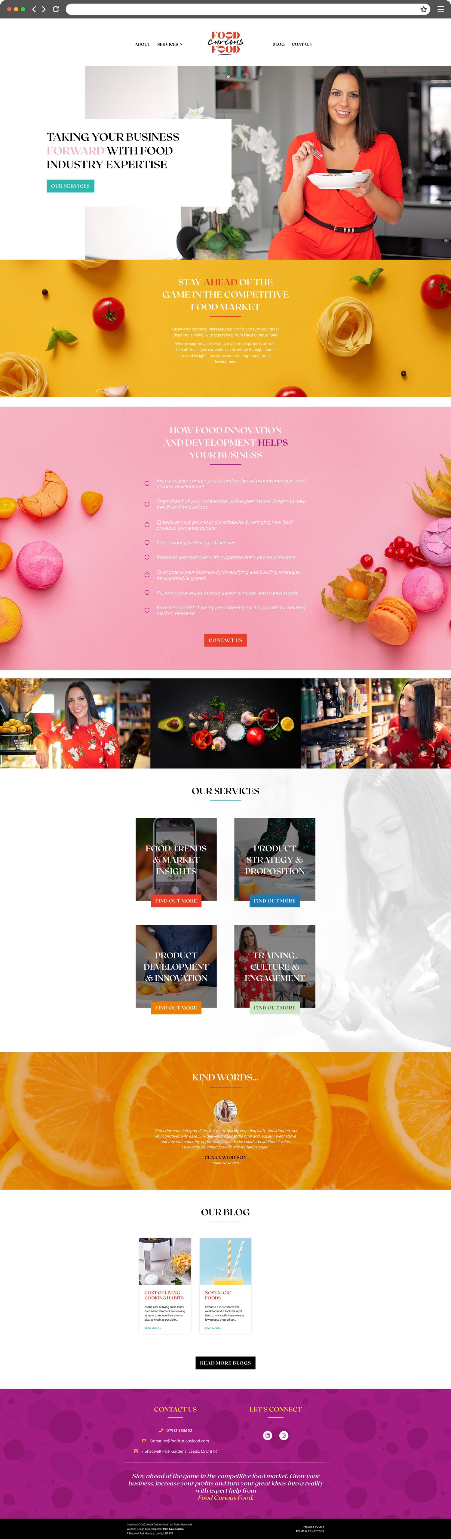 Website homepage mockup for Food consultant, Food Curious Food. A bright and vibrant web page with images of food against brand colours.