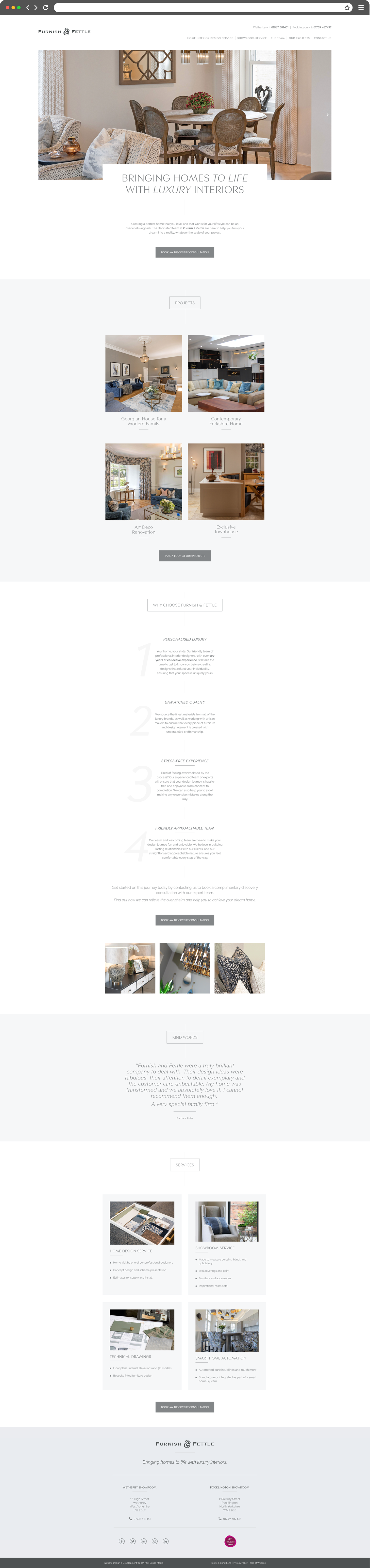 Full length mockup of clean and minimal website designed and developed by Mint Sauce Media for interior design company