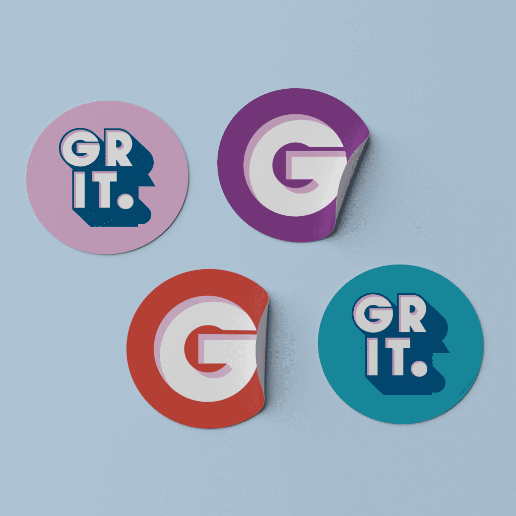 Set of stickers displaying different variations of the grit logo