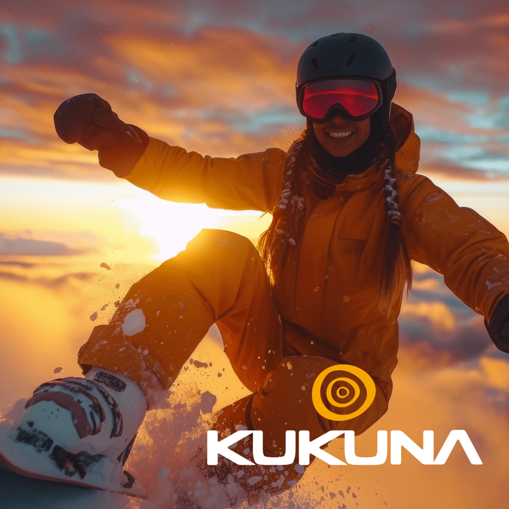 woman snowboarding againsst a sunset, with Kukuna eyewear branding logo in bottom corner in white and yellow