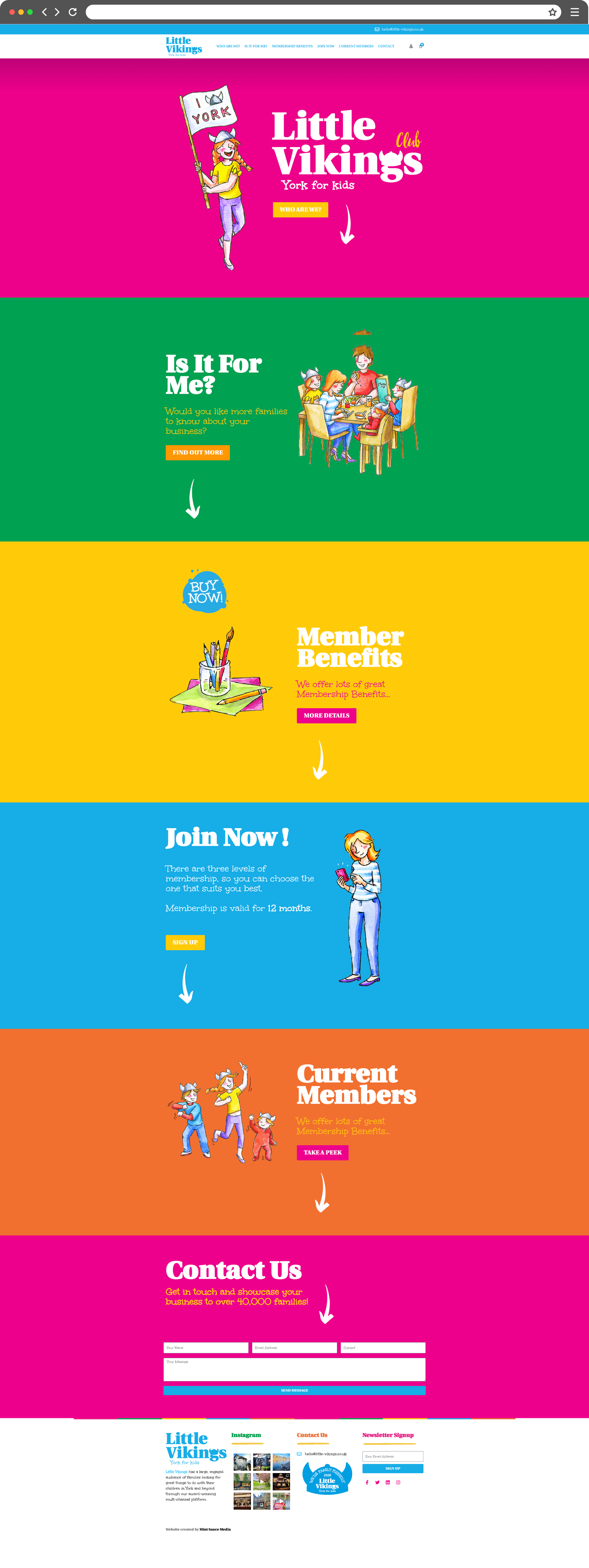 Full length mockup of bright and colourful website designed and developed by Mint Sauce Media for Little Vikings York