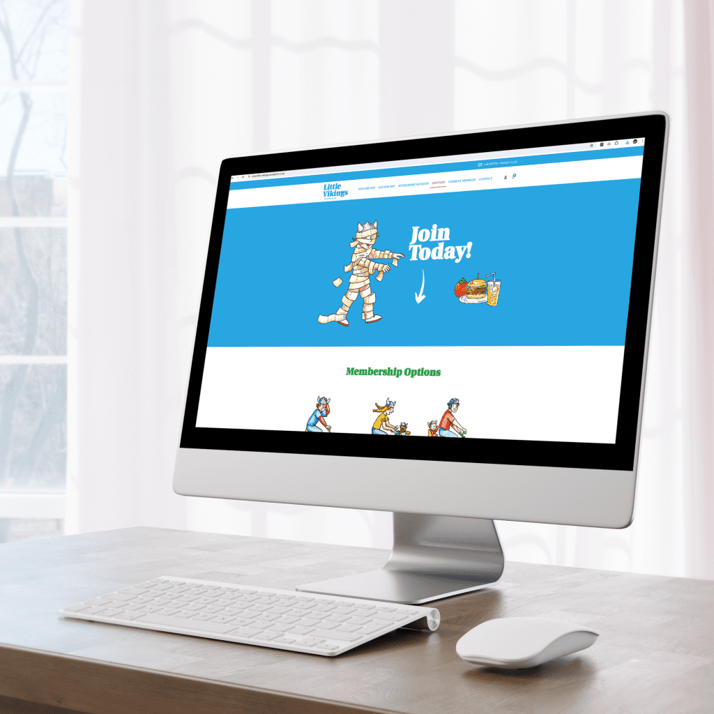 Computer showing website design for Little Vikings York, with a call to action to Join today