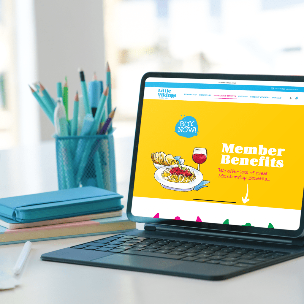 Tablet device showing the website for Little Vikings showing a illustration of food and text saying member benefits