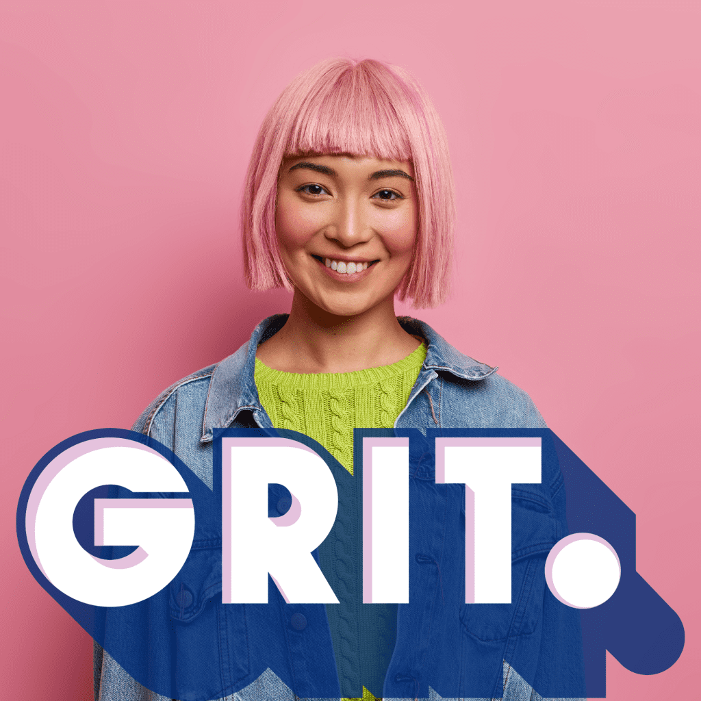 Young lady with bright pink hair, identifying as non-binary with the Grit primary logo overlayed
