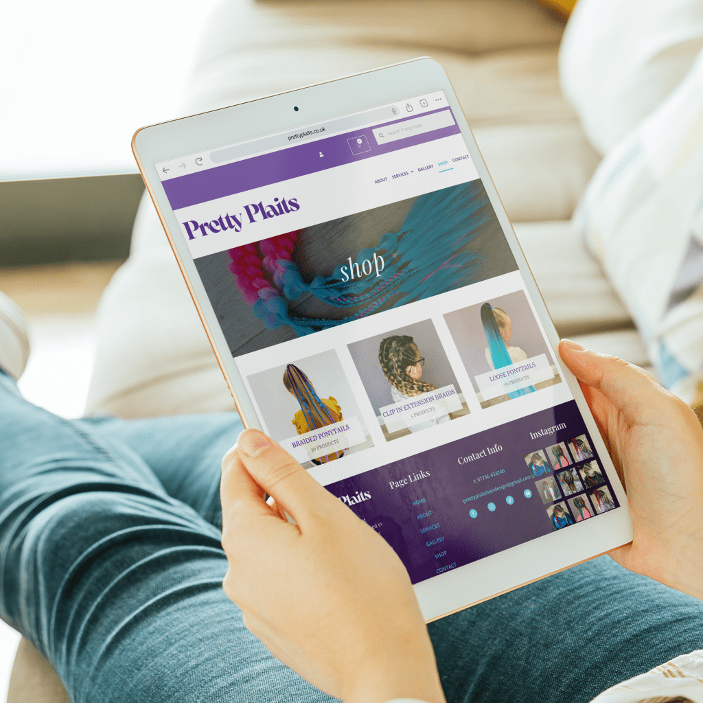 Lady viewing a website that does hair design and training on a tablet device