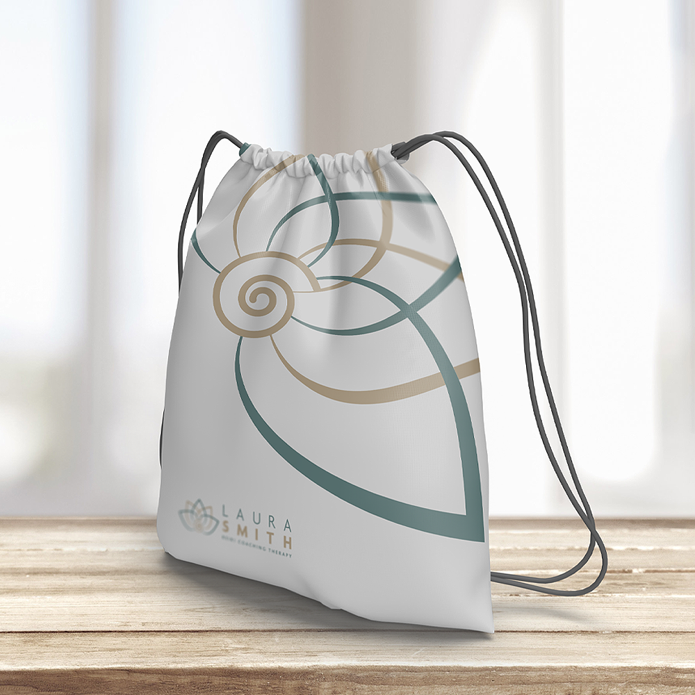 Canvas duffel bag with brand elements of the logo for a reiki therapist and life coach in natural green and beige colourways