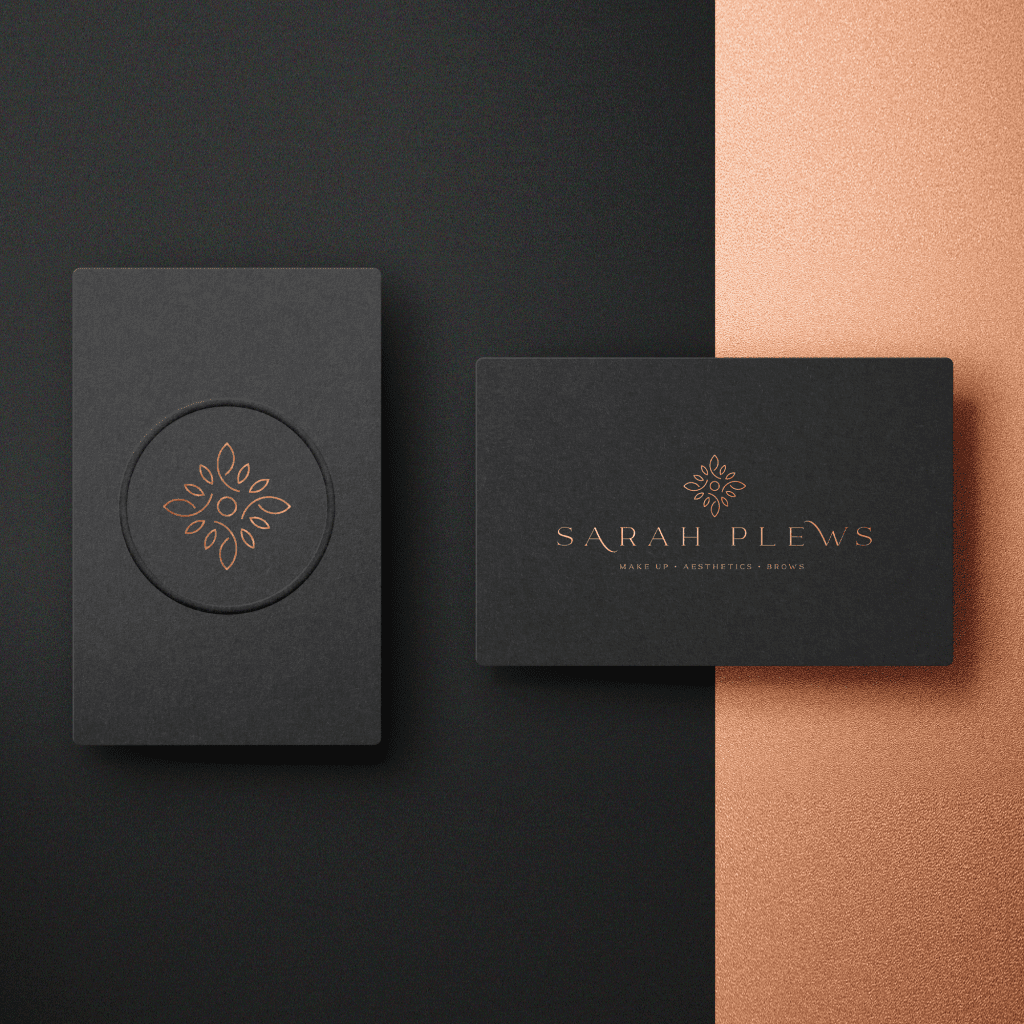 Black cards showing the primary logo and submark for a make up artist
