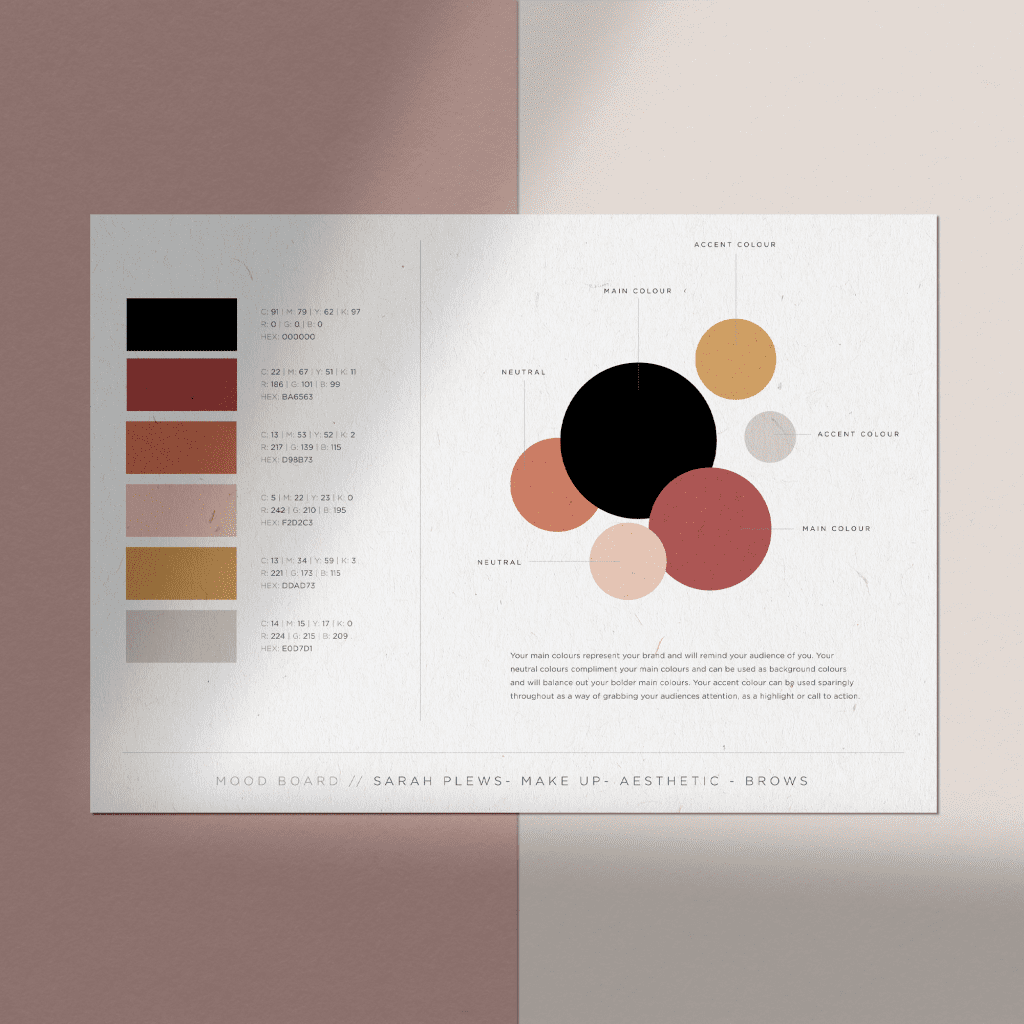 Piece of paper showing the colour palette devised for a make up artist based in York