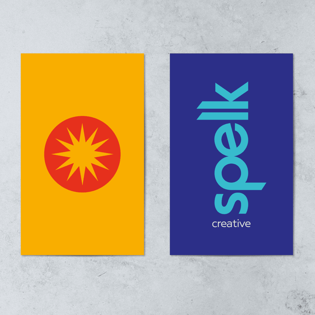 2 business cards showing brand identity design for a motion graphics company, Spelk. showing the logo and circular brand icon on bright contrasting colours