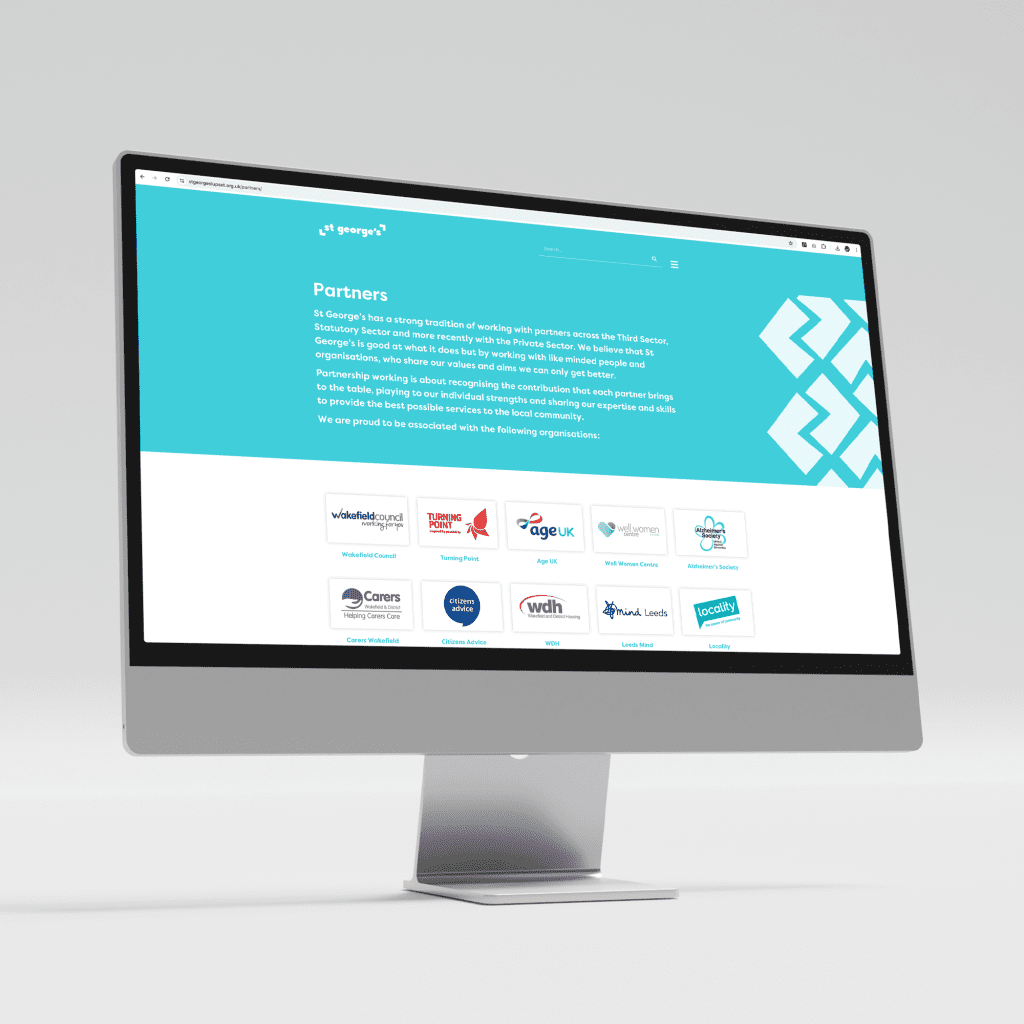 Mac screen showing website design of a not for profit community website showing a list of funding partners logos