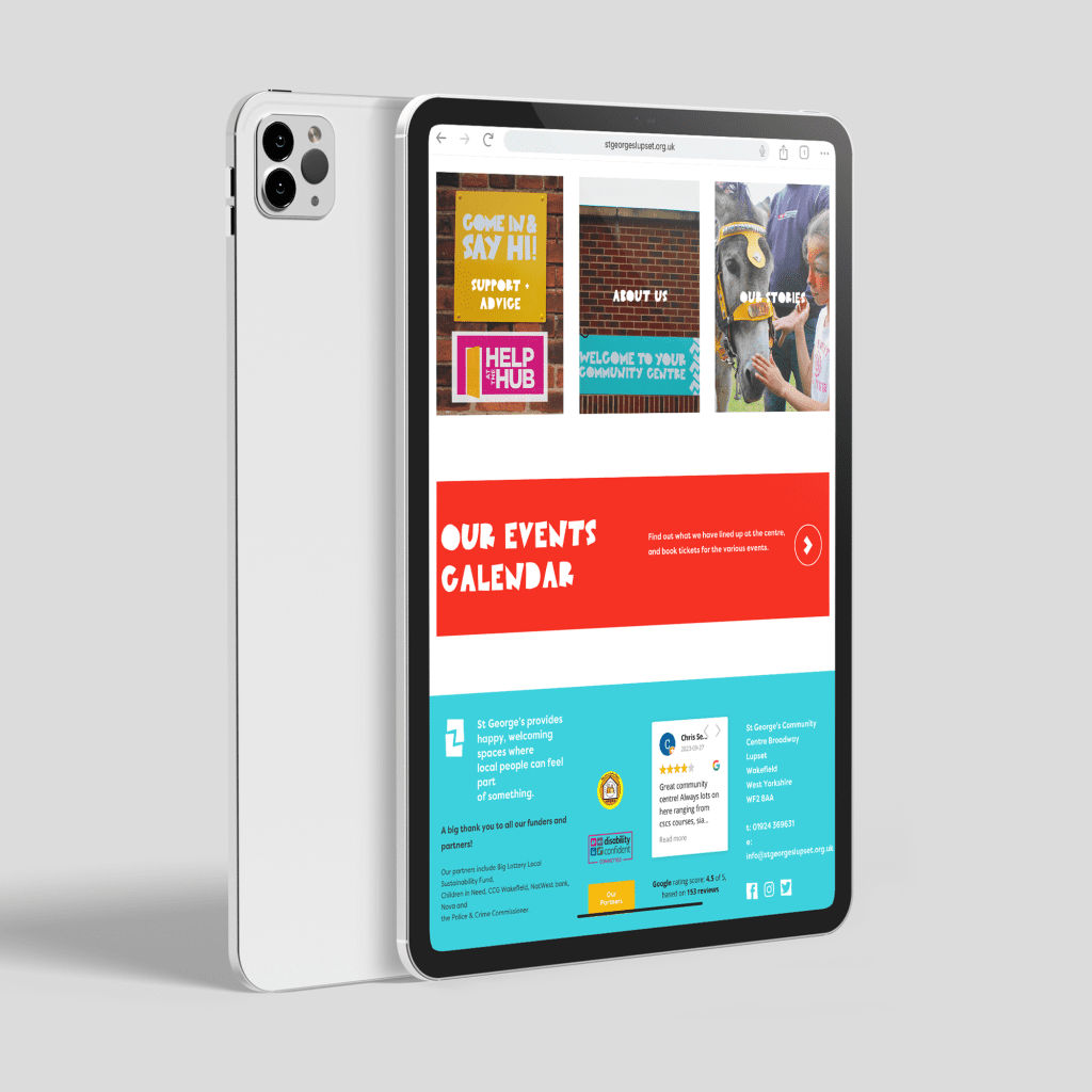 Tablet device showing web design with a section promoting an events calendar
