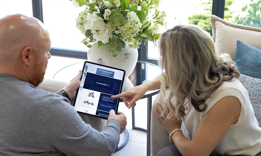 Chris and Jen Bayles of Mint Sauce Media, York-based branding and website design studio, collaborating on a brand identity concept with a client using a tablet.